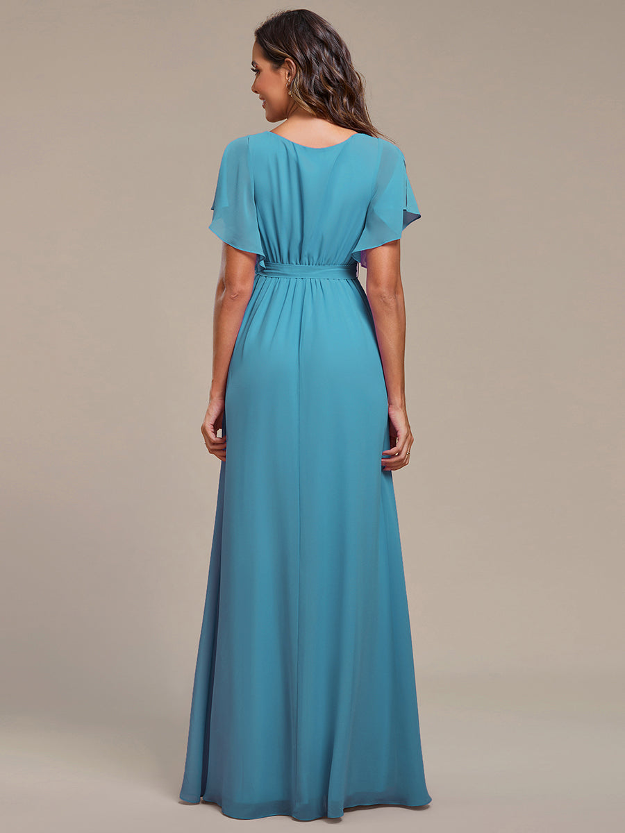 Robe de demoiselle d'honneur en mousseline de soie à encolure en V et à manches #Couleur_Bleu Jade