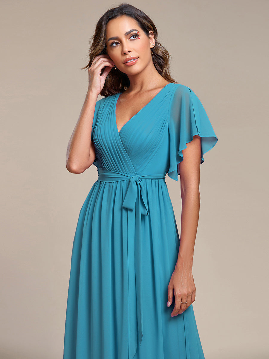 Robe de demoiselle d'honneur en mousseline de soie à encolure en V et à manches #Couleur_Bleu Jade