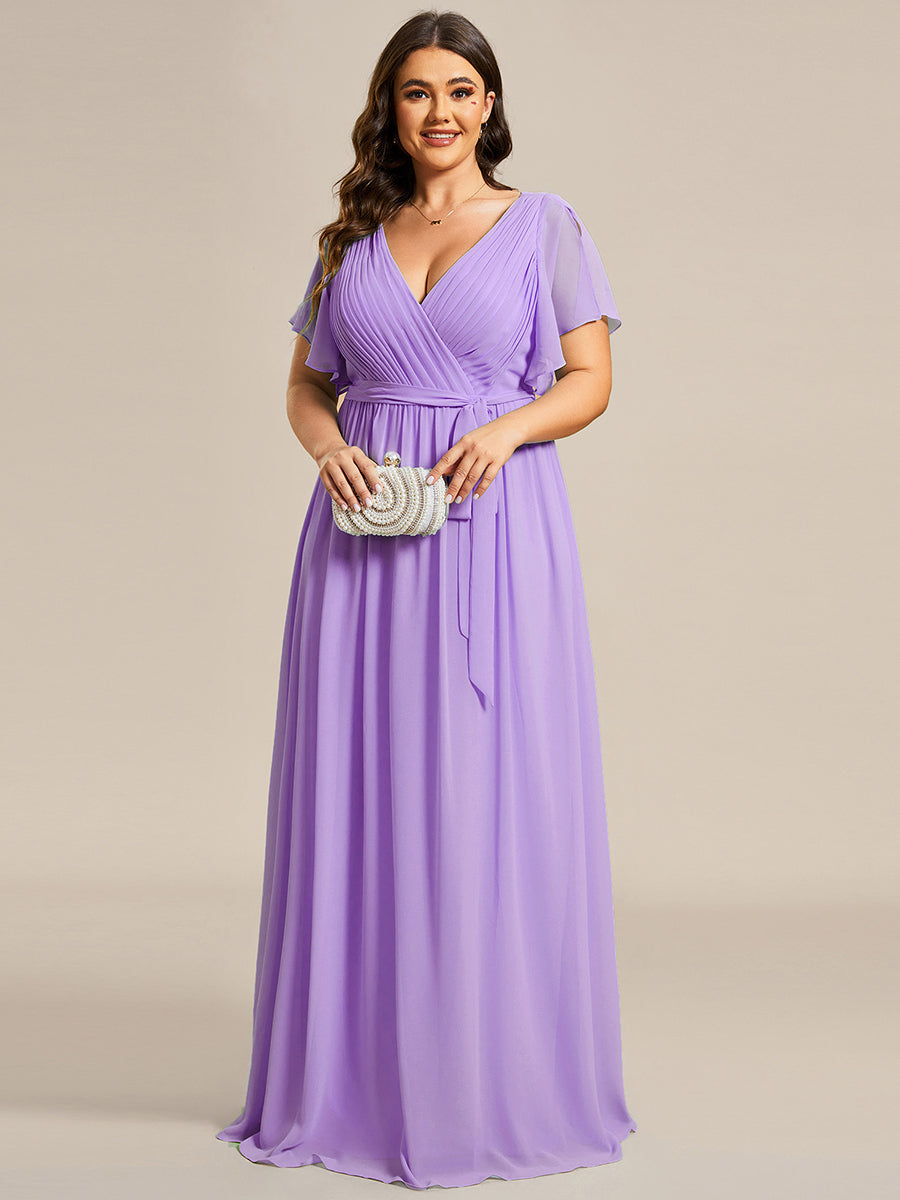 Robe mariage invitée en mousseline de soie longue de grande taille à encolure en V Maxi #Couleur_Lavande