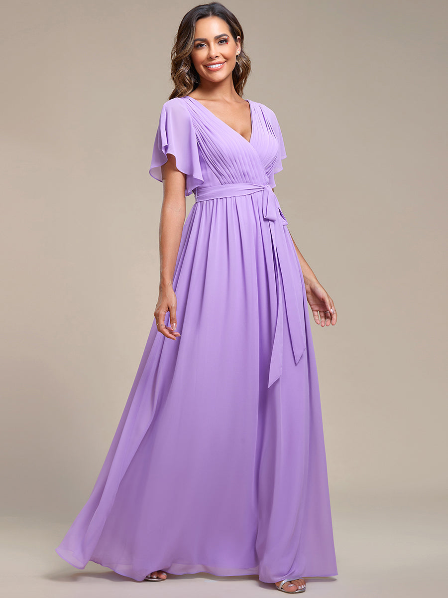 Robe mariage invitée en mousseline de soie à encolure en V et à manches flottantes #Couleur_Lavande