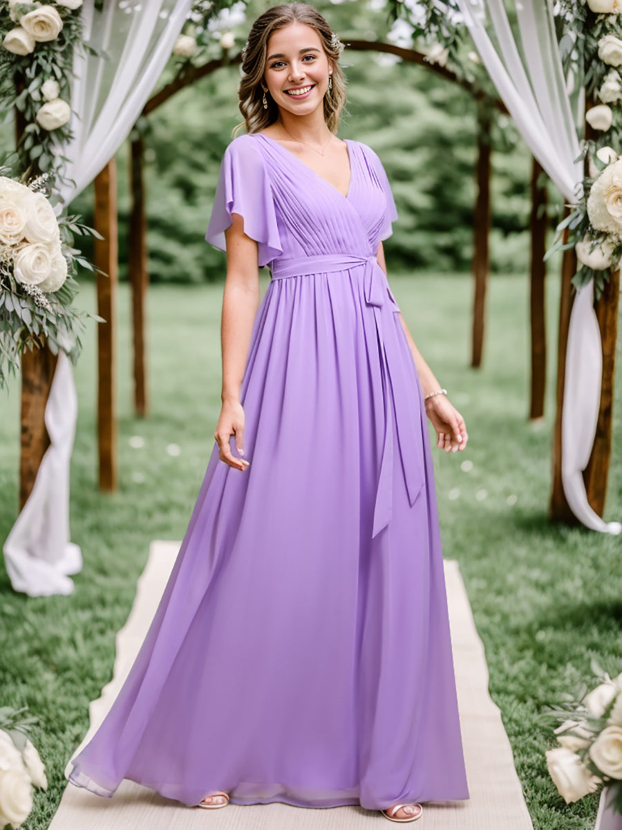 Robe mariage invitée en mousseline de soie à encolure en V et à manches flottantes #Couleur_Lavande