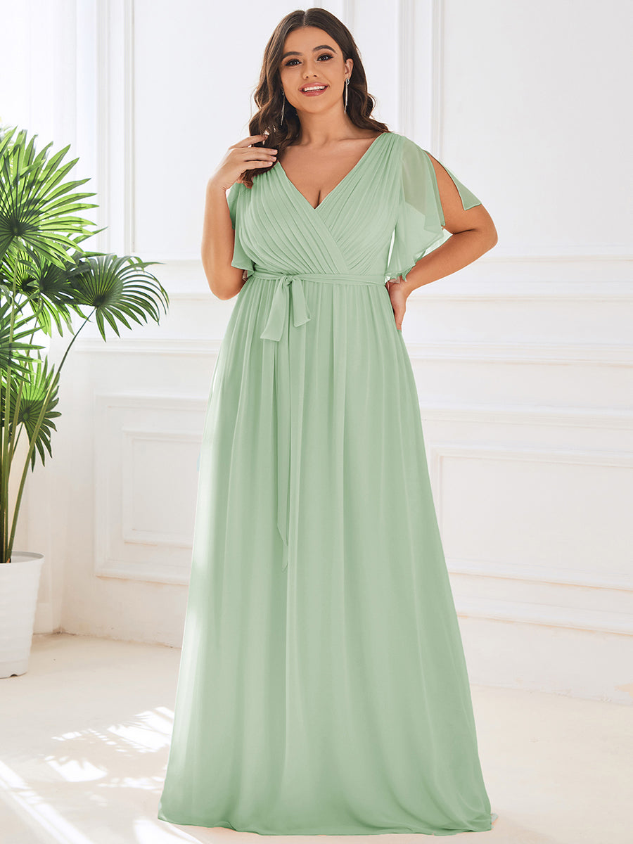 Robe mariage invitée en mousseline de soie longue de grande taille à encolure en V Maxi