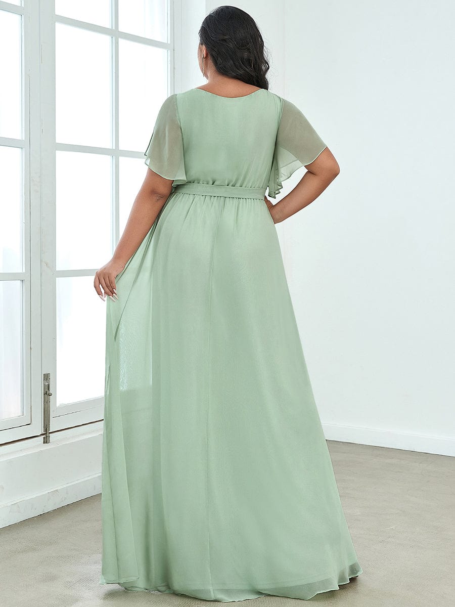 Robe mariage invitée en mousseline de soie longue de grande taille à encolure en V Maxi #Couleur_Menthe Verte