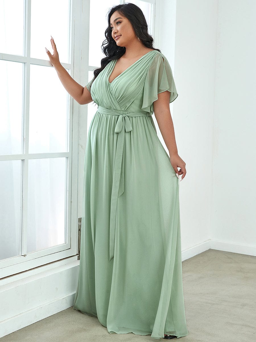 Robe mariage invitée en mousseline de soie longue de grande taille à encolure en V Maxi #Couleur_Menthe Verte