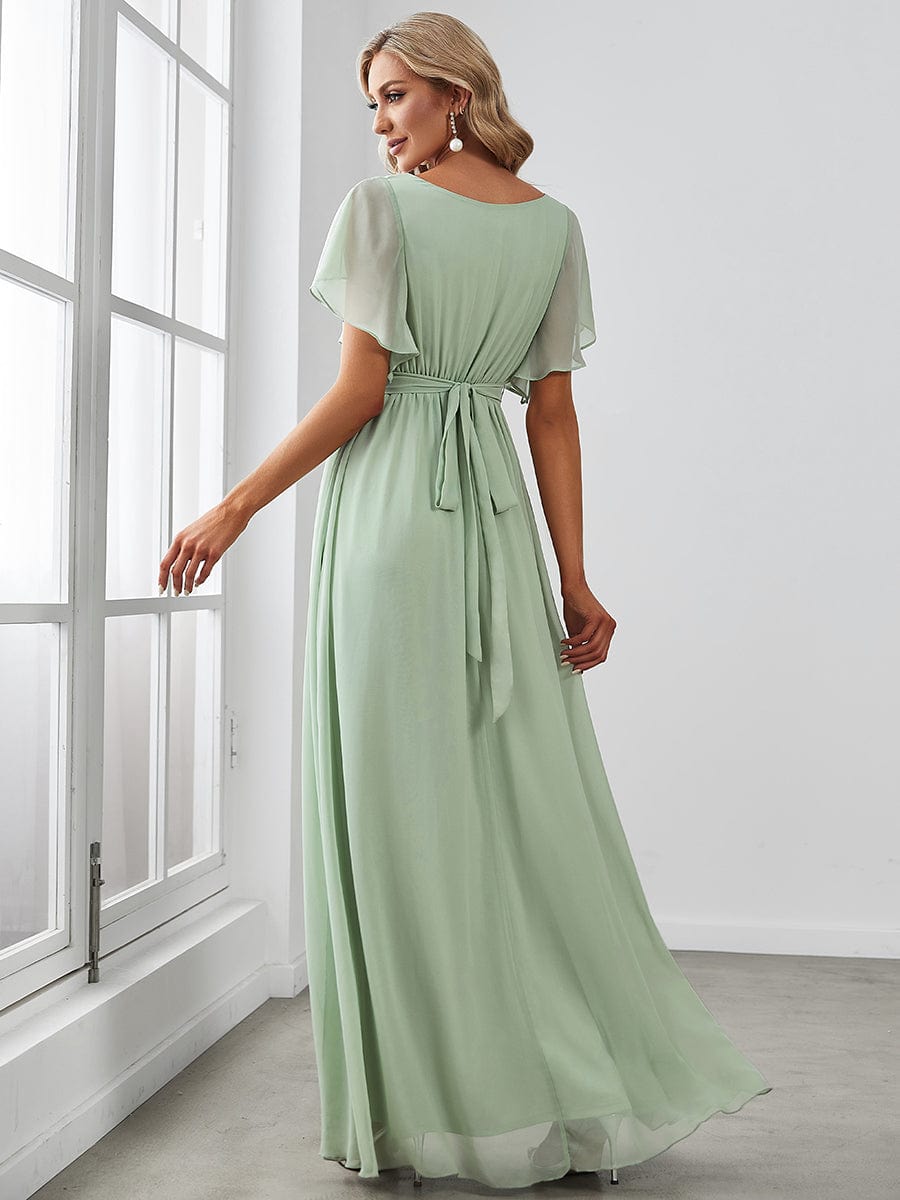 Robe de soirée en mousseline de soie à encolure en V et à manches flottantes #Couleur_Menthe Verte