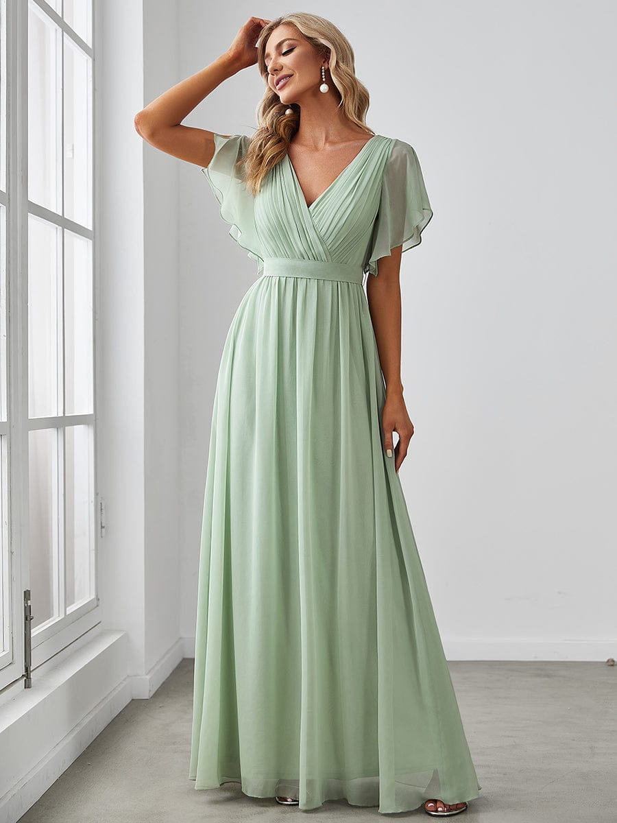 Robe de soirée en mousseline de soie à encolure en V et à manches flottantes #Couleur_Menthe Verte