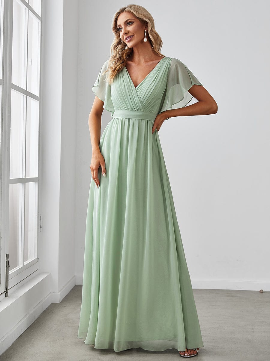 Robe mariage invitée en mousseline de soie à encolure en V et à manches flottantes #Couleur_Menthe Verte