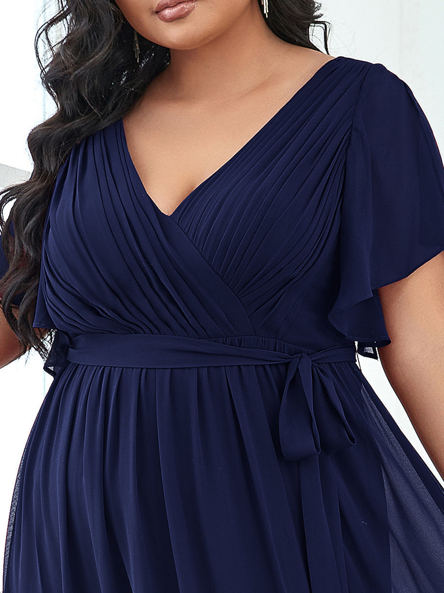 Robe mariage invitée en mousseline de soie longue de grande taille à encolure en V Maxi #Couleur_Bleu Marine