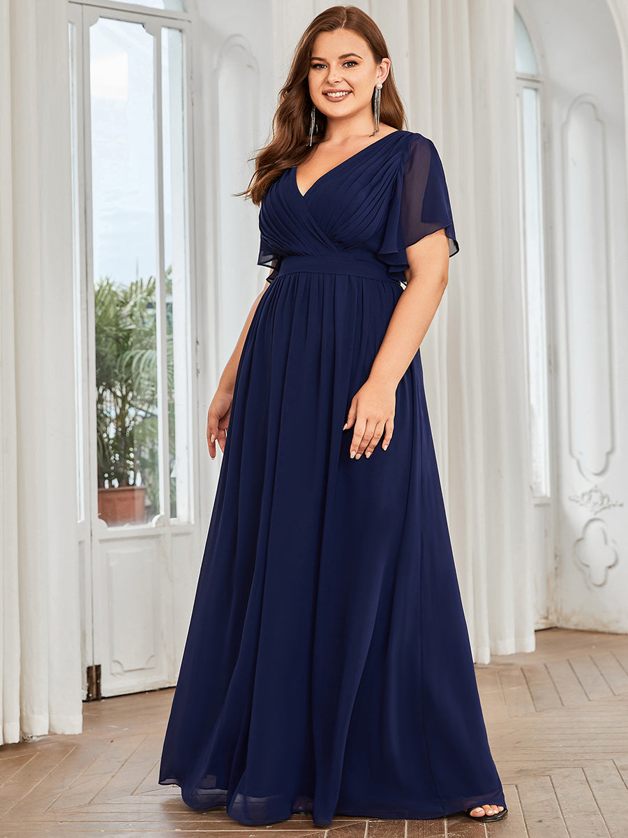 Robe de soirée en mousseline de soie longue de grande taille à encolureen V Maxi #Couleur_Bleu Marine