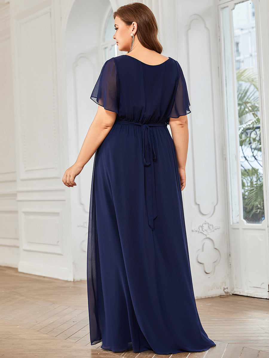 Robe mariage invitée en mousseline de soie longue de grande taille à encolure en V Maxi #Couleur_Bleu Marine