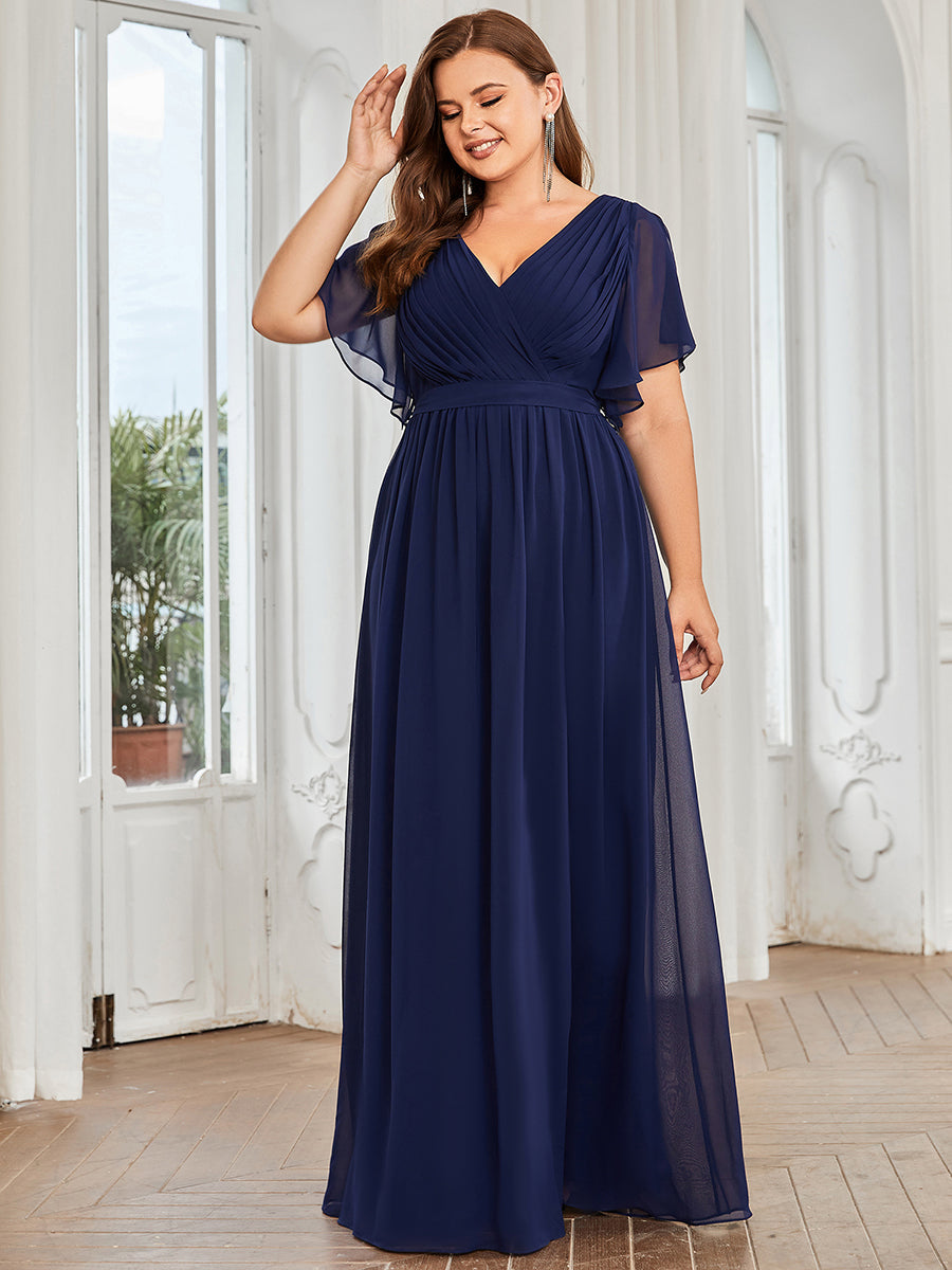 Robe de soirée en mousseline de soie longue de grande taille à encolureen V Maxi #Couleur_Bleu Marine