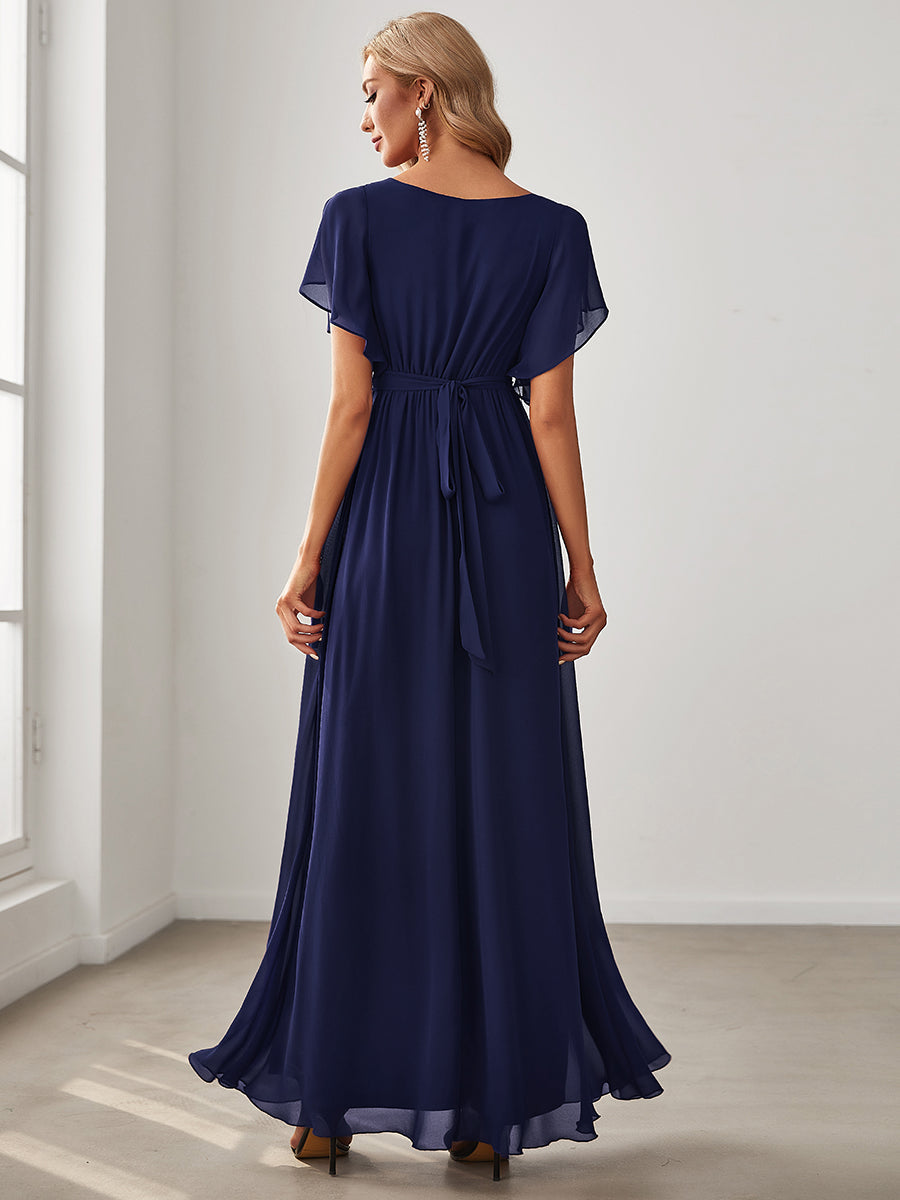 Robe mariage invitée en mousseline de soie à encolure en V et à manches flottantes #Couleur_Bleu Marine