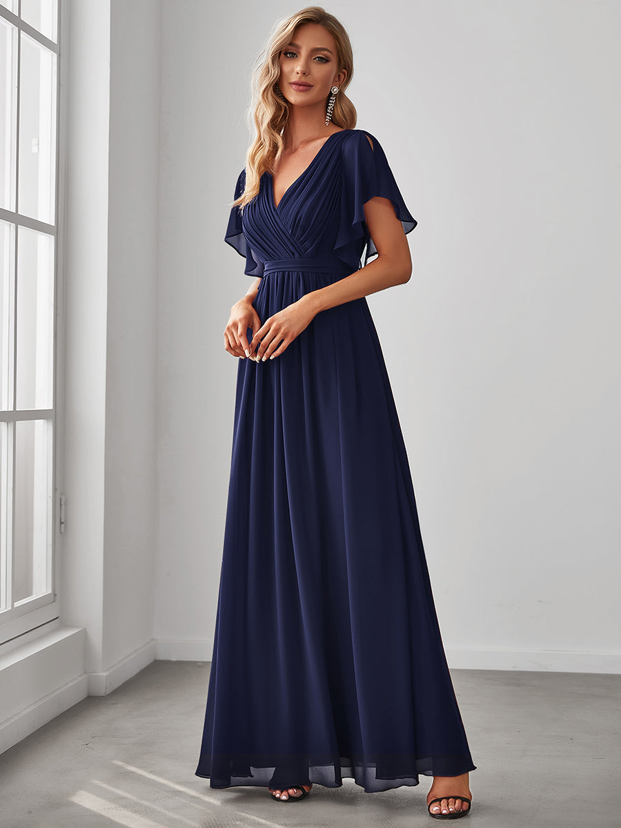 Robe mariage invitée en mousseline de soie à encolure en V et à manches flottantes #Couleur_Bleu Marine