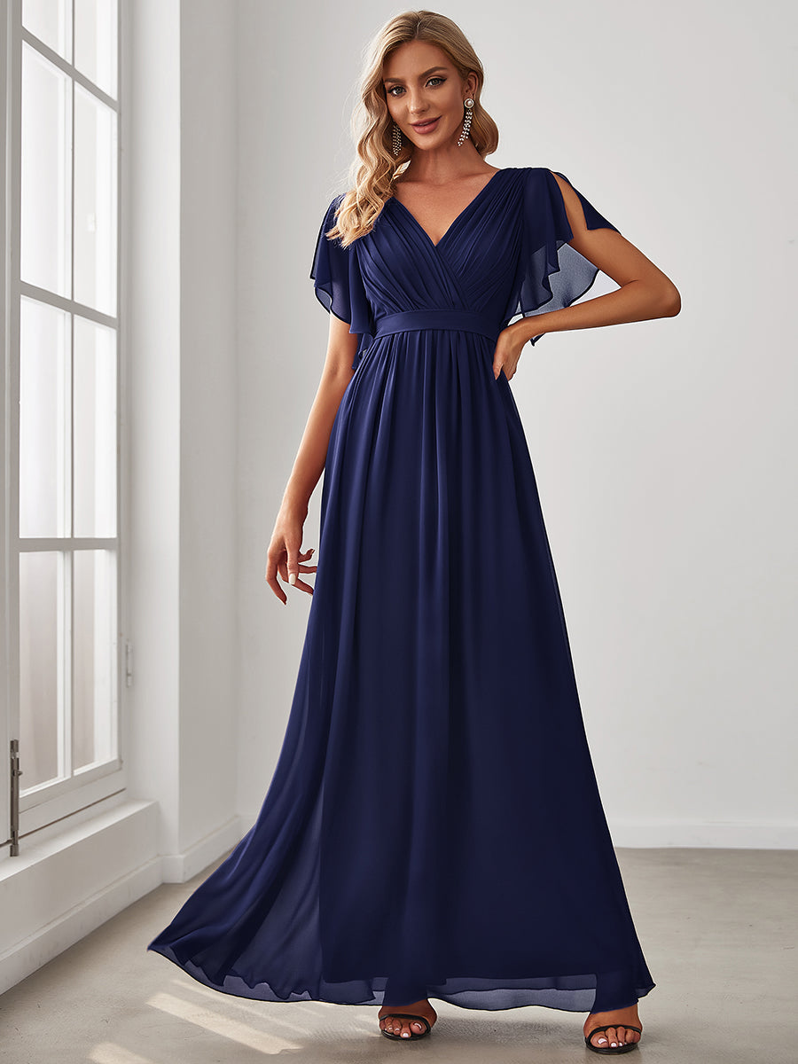 Robe mariage invitée en mousseline de soie à encolure en V et à manches flottantes #Couleur_Bleu Marine