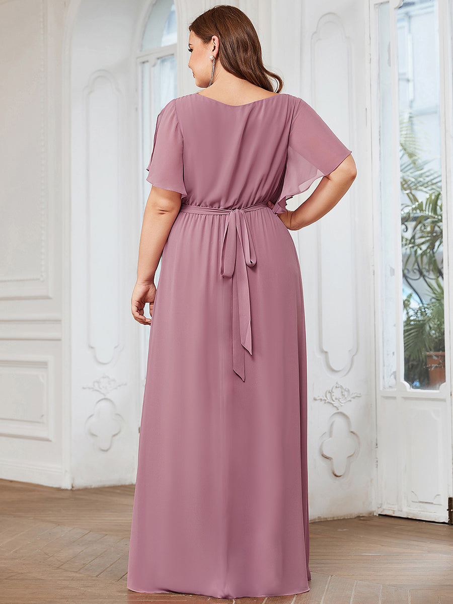 Robe mariage invitée en mousseline de soie longue de grande taille à encolure en V Maxi #Couleur_Orchidee