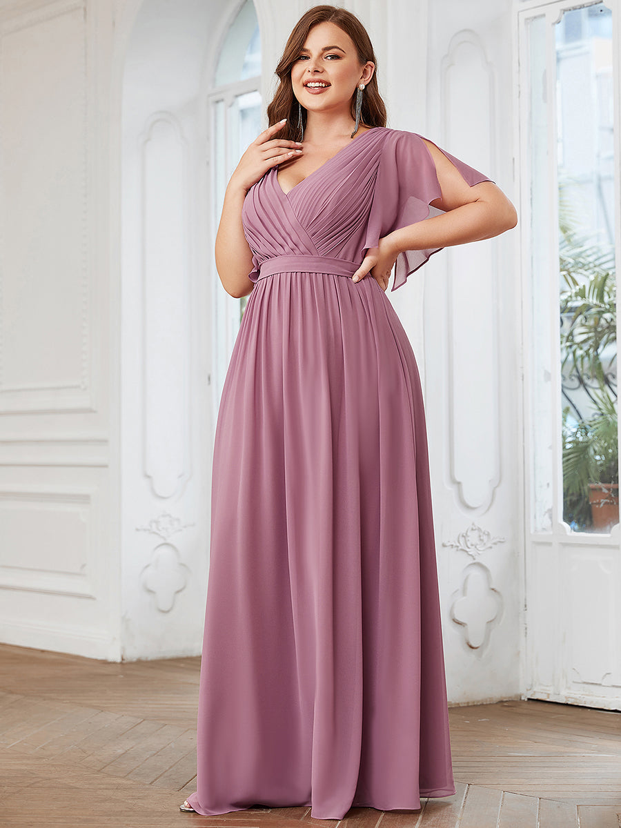 Robe mariage invitée en mousseline de soie longue de grande taille à encolure en V Maxi #Couleur_Orchidee