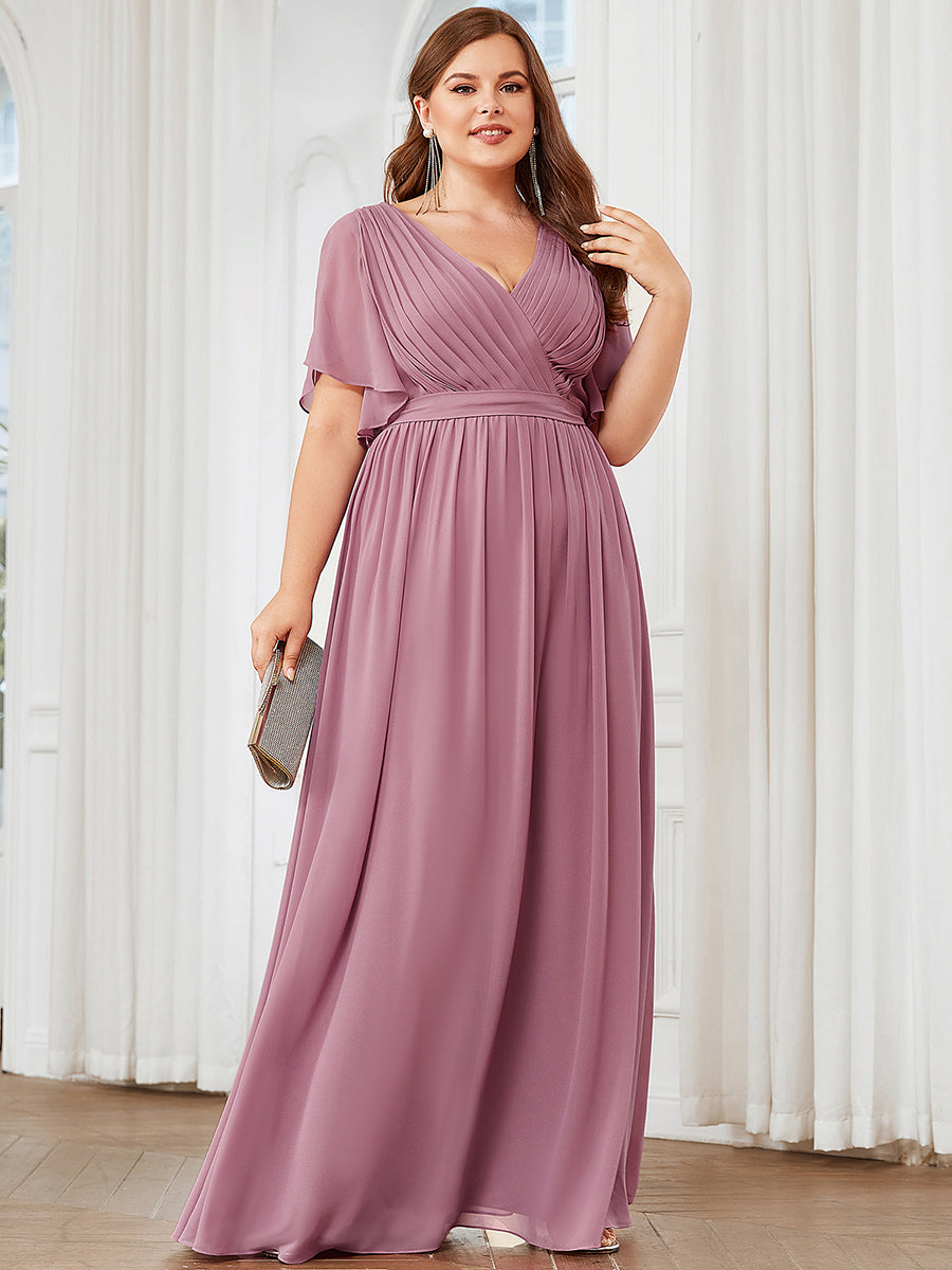 Robe mariage invitée en mousseline de soie longue de grande taille à encolure en V Maxi #Couleur_Orchidee