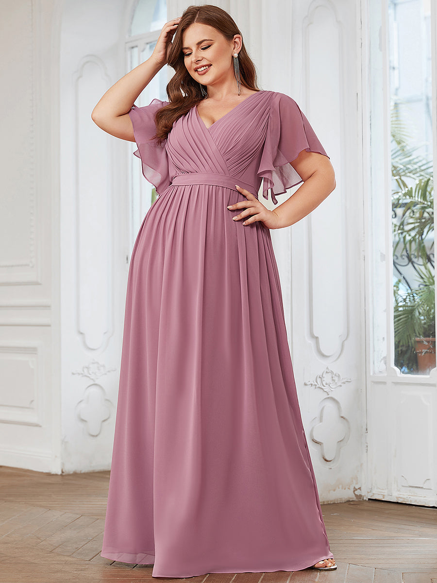 Robe mariage invitée en mousseline de soie longue de grande taille à encolure en V Maxi #Couleur_Orchidee