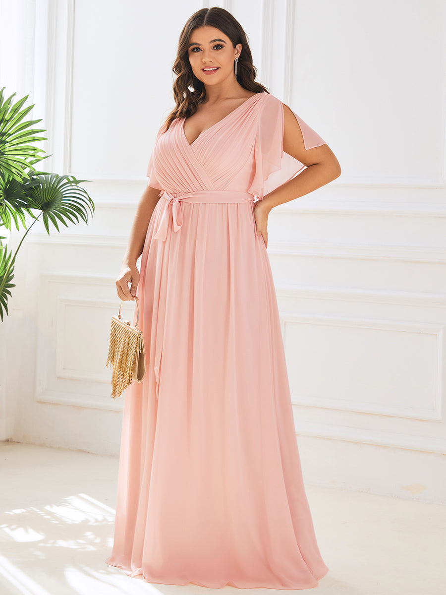 Robe de soirée en mousseline de soie longue de grande taille à encolureen V Maxi #Couleur_Rose