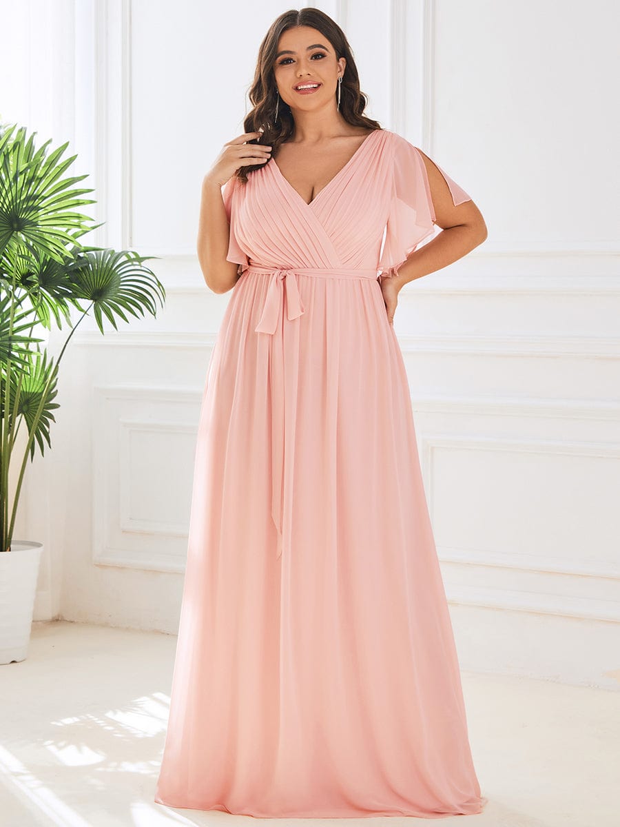 Robe de soirée en mousseline de soie longue de grande taille à encolureen V Maxi #Couleur_Rose