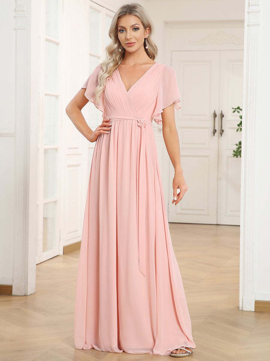 Robe mariage invitée en mousseline de soie à encolure en V et à manches flottantes #Couleur_Rose