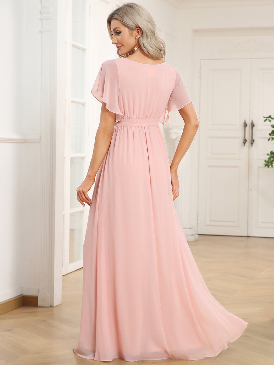 Robe mariage invitée en mousseline de soie à encolure en V et à manches flottantes #Couleur_Rose