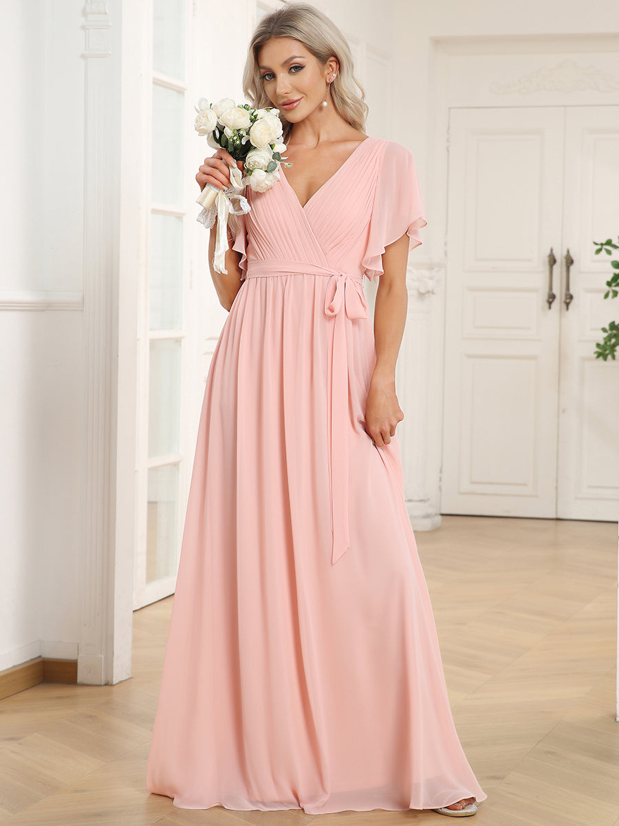 Robe mariage invitée en mousseline de soie à encolure en V et à manches flottantes #Couleur_Rose