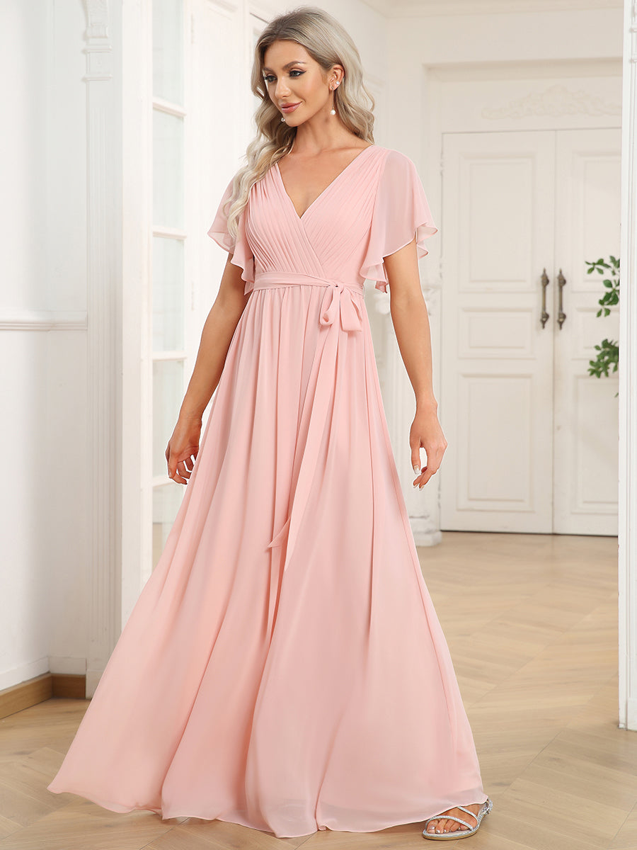 Robe mariage invitée en mousseline de soie à encolure en V et à manches flottantes #Couleur_Rose