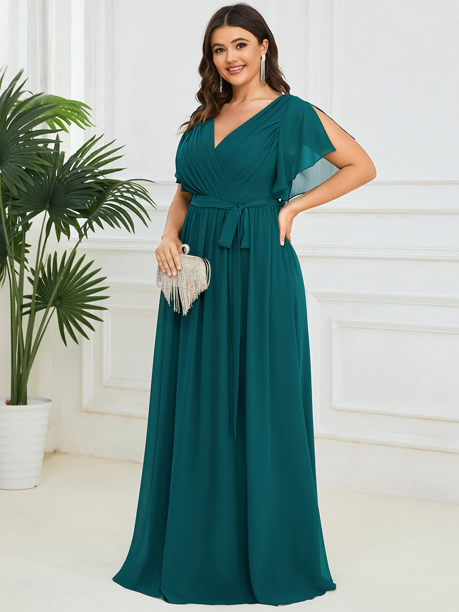 Robe mariage invitée en mousseline de soie longue de grande taille à encolure en V Maxi #Couleur_Bleu Sarcelle