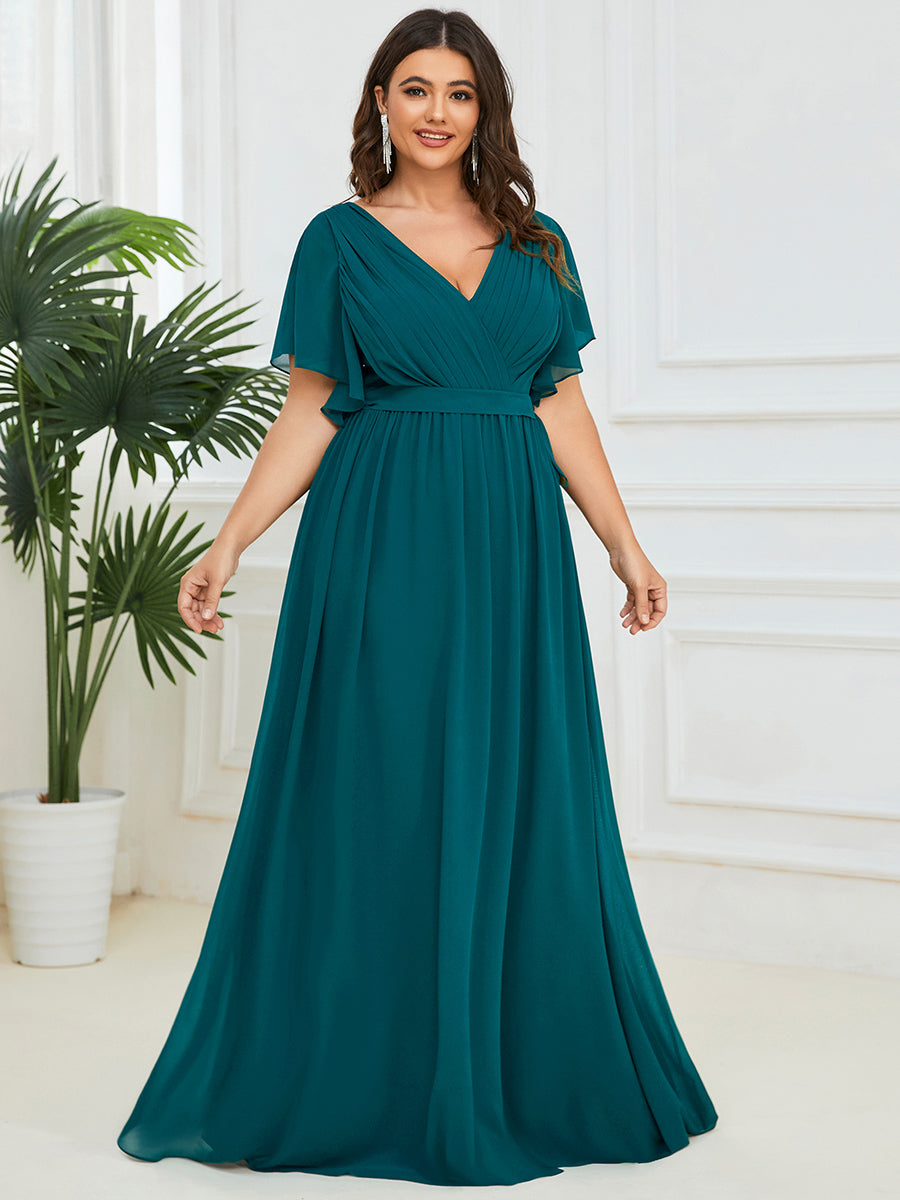 Robe mariage invitée en mousseline de soie longue de grande taille à encolure en V Maxi #Couleur_Bleu Sarcelle