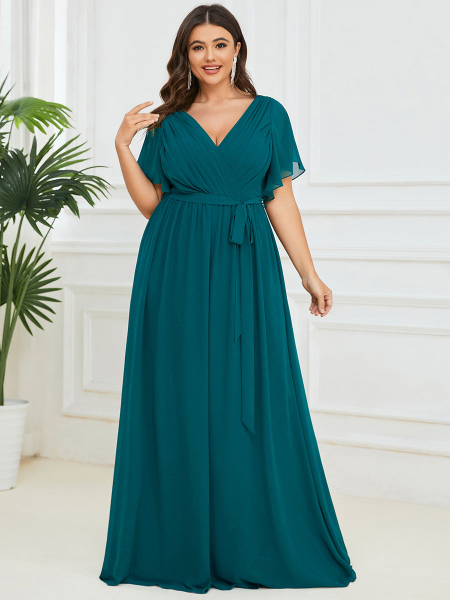 Robe de soirée en mousseline de soie longue de grande taille à encolureen V Maxi #Couleur_Bleu Sarcelle