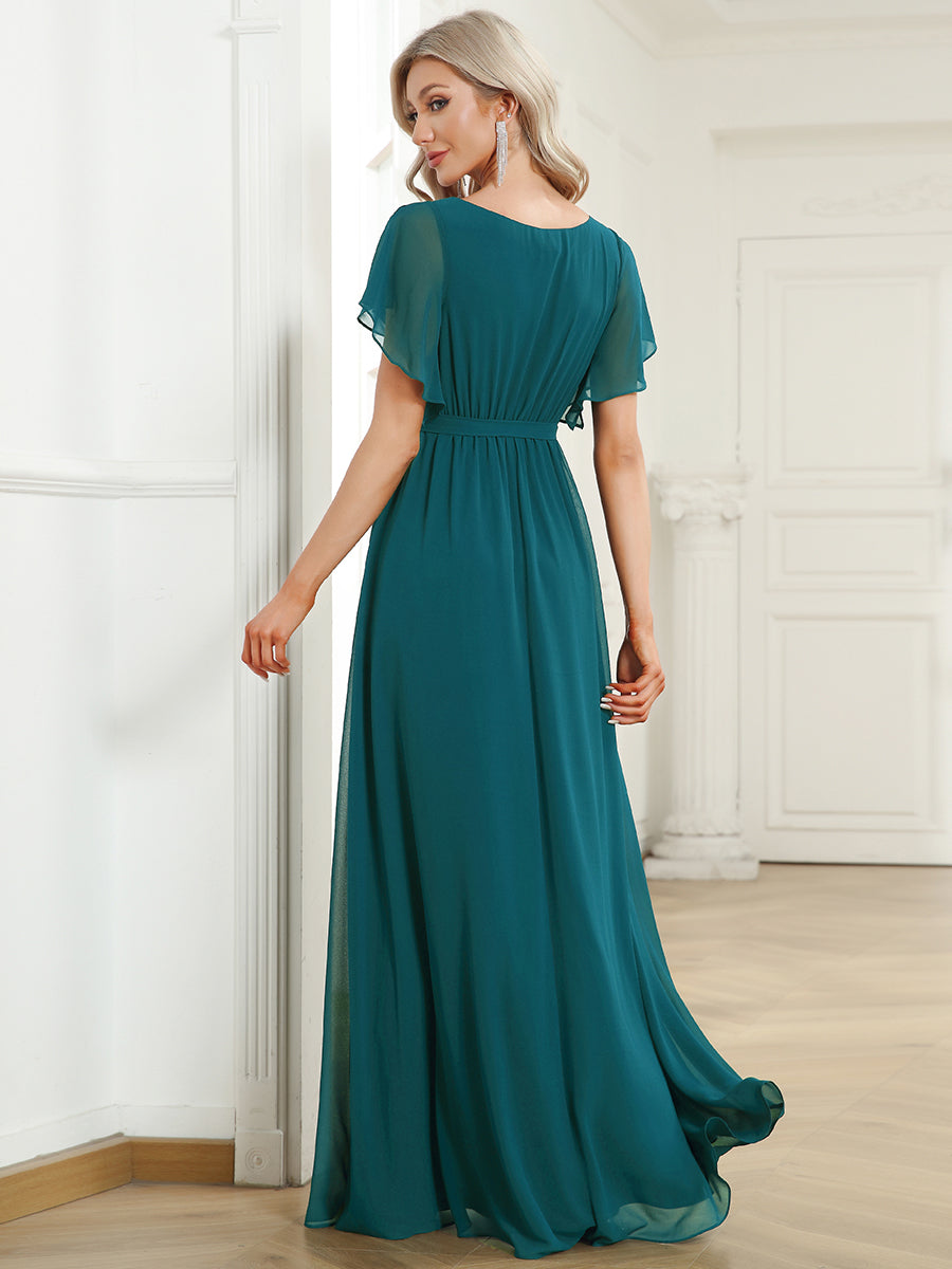 Robe mariage invitée en mousseline de soie à encolure en V et à manches flottantes #Couleur_Bleu Sarcelle