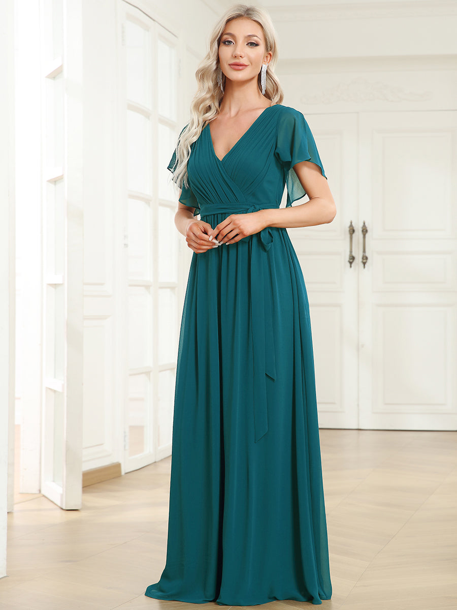 Robe mariage invitée en mousseline de soie à encolure en V et à manches flottantes #Couleur_Bleu Sarcelle