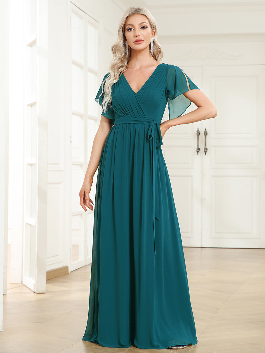 Robe mariage invitée en mousseline de soie à encolure en V et à manches flottantes #Couleur_Bleu Sarcelle