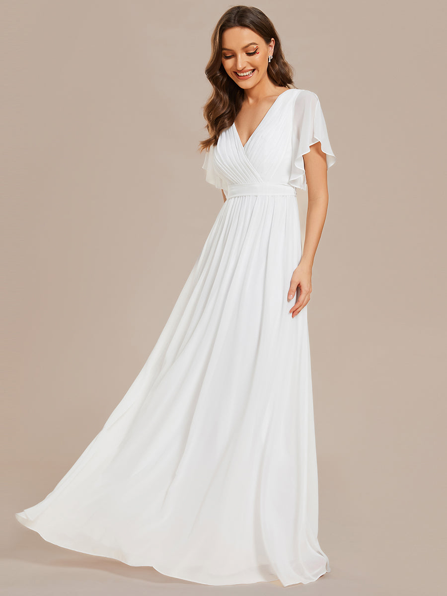 Robe mariage invitée en mousseline de soie à encolure en V et à manches flottantes #Couleur_Blanc