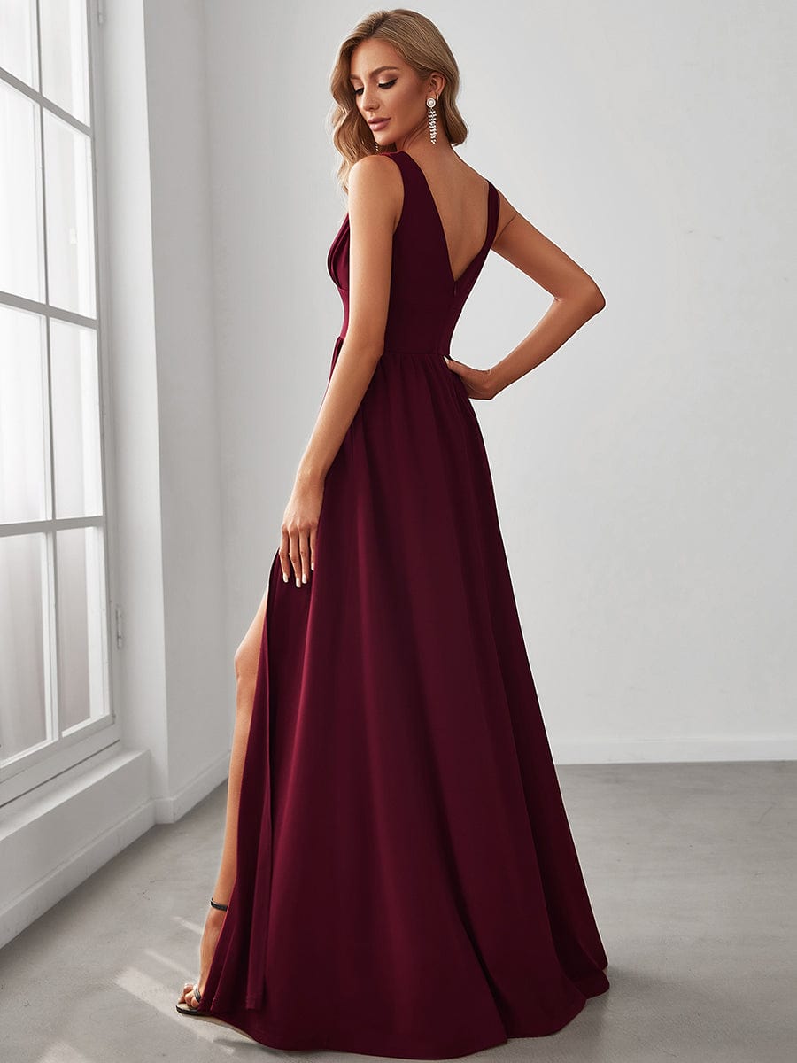 Robe de Bal Demoiselle d'Honneur longue au sol à taille empire et à encolure en V #Couleur_Bordeaux