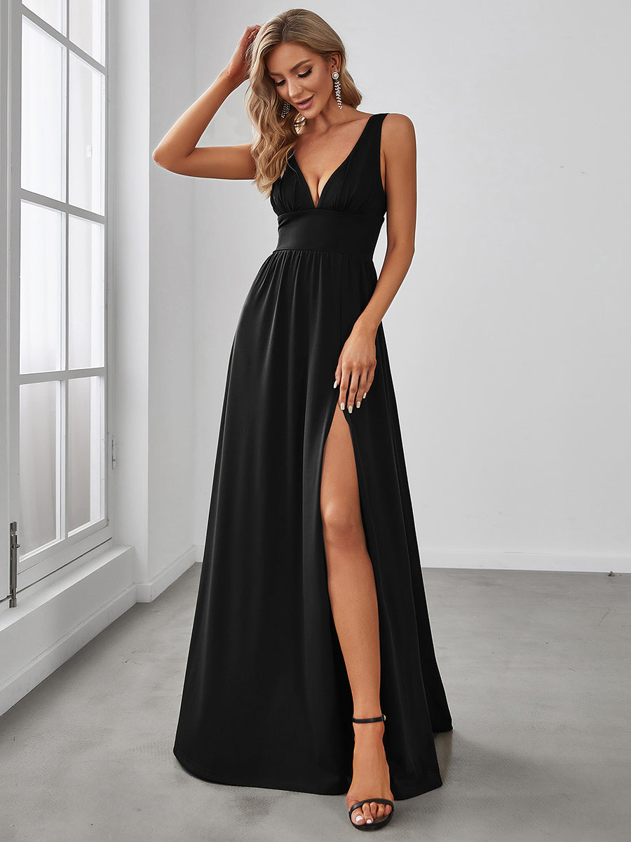 Robe de soirée longue au sol à taille empire et à encolure en V #Couleur_Noir