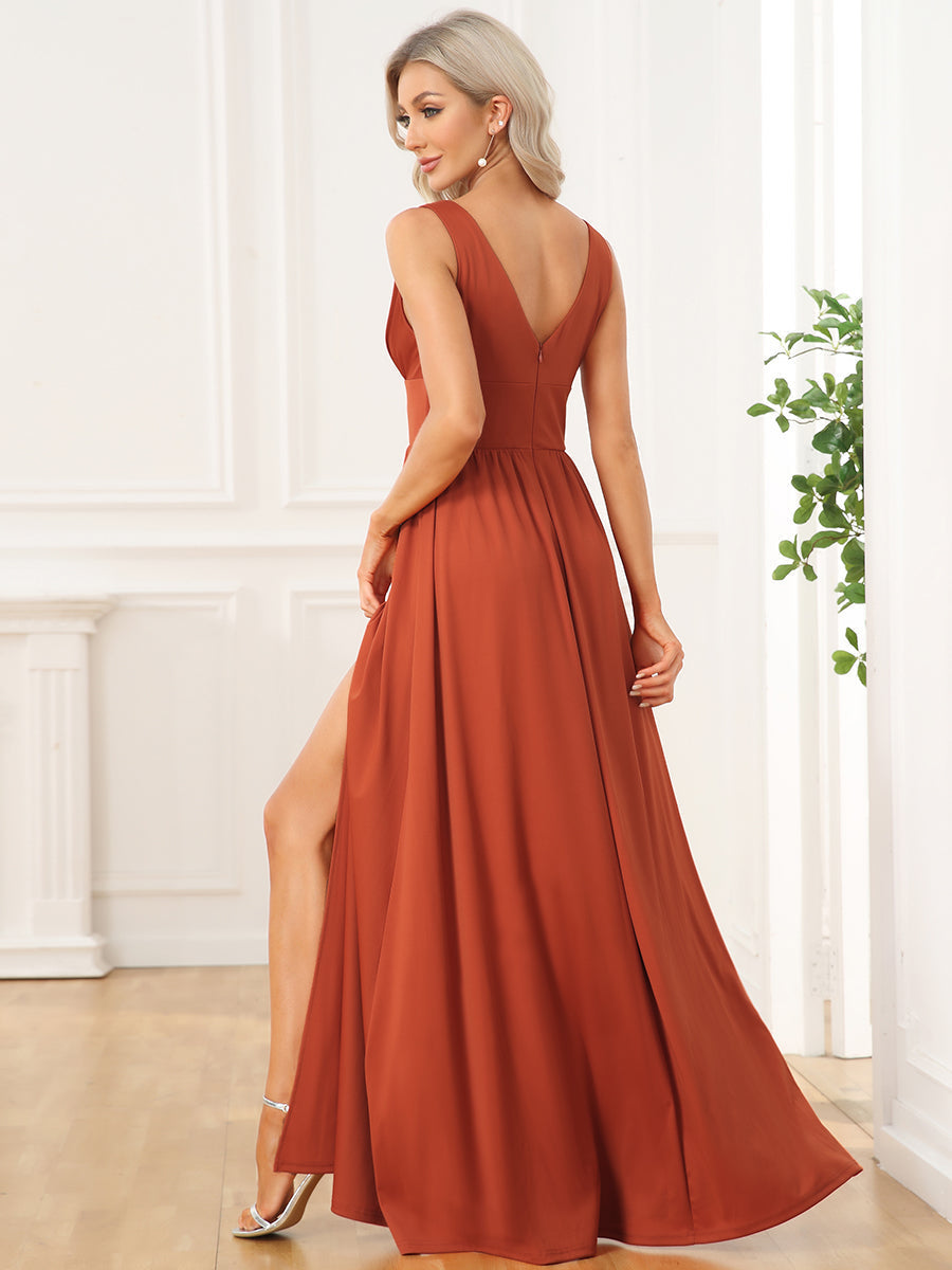 Robe de Bal Demoiselle d'Honneur longue au sol à taille empire et à encolure en V #Couleur_Orange Brûlée