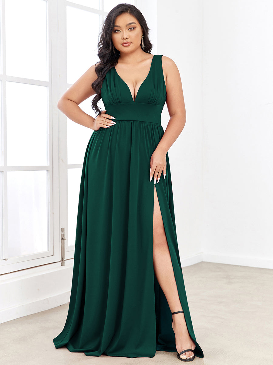 Robe de Bal Demoiselle d'Honneur longue au sol à taille empire et à encolure en V #Couleur_Vert Fonce