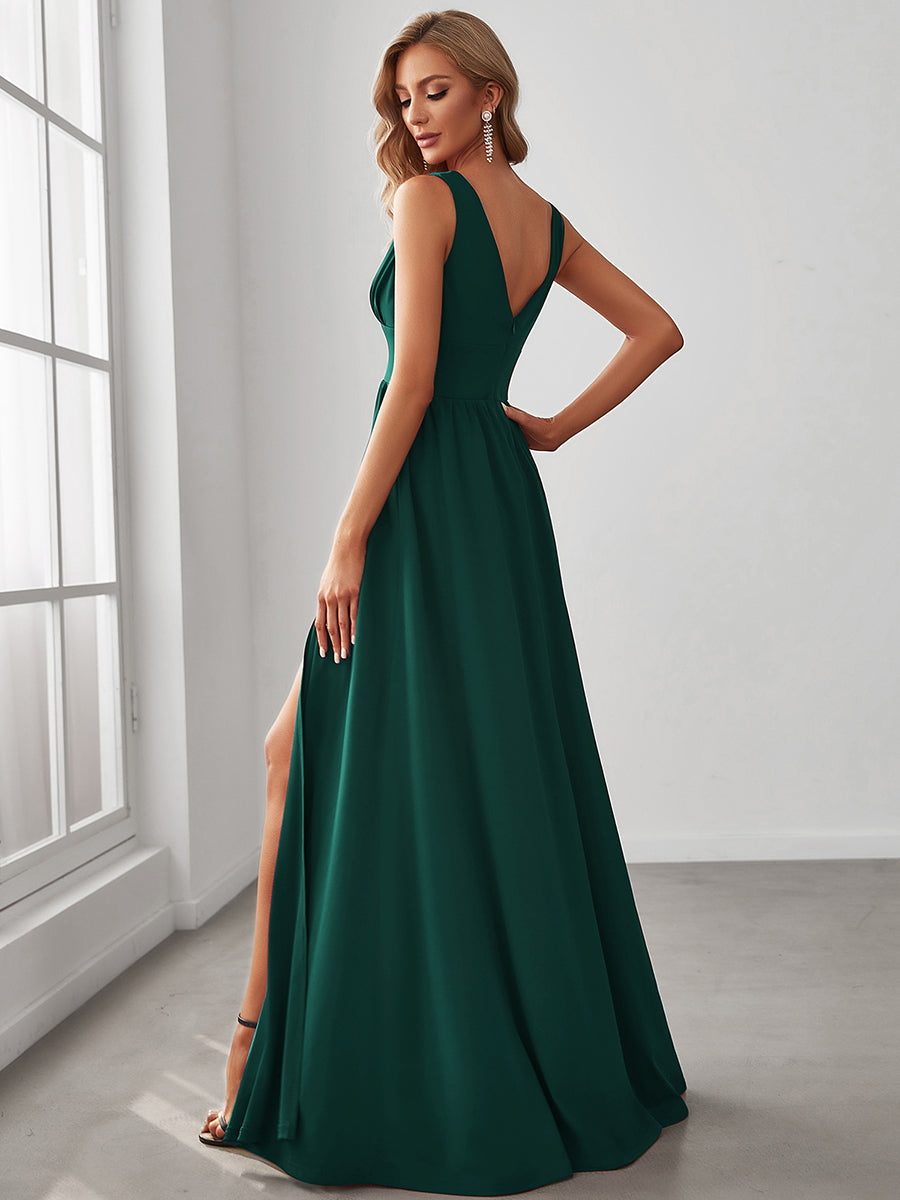 Robe de Bal Demoiselle d'Honneur longue au sol à taille empire et à encolure en V #Couleur_Vert Fonce