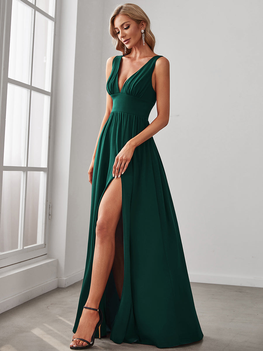 Robe de Bal Demoiselle d'Honneur longue au sol à taille empire et à encolure en V #Couleur_Vert Fonce