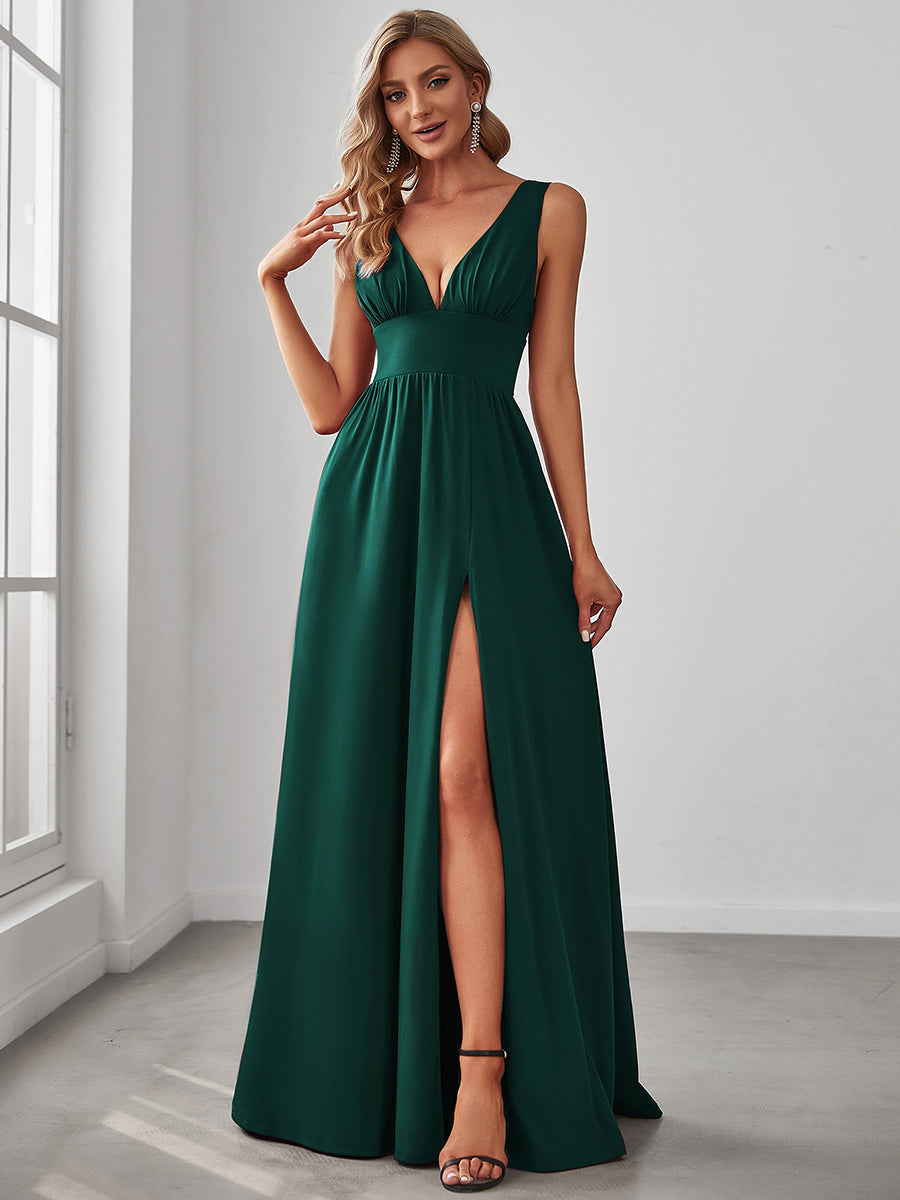 Robe de Bal Demoiselle d'Honneur longue au sol à taille empire et à encolure en V #Couleur_Vert Fonce