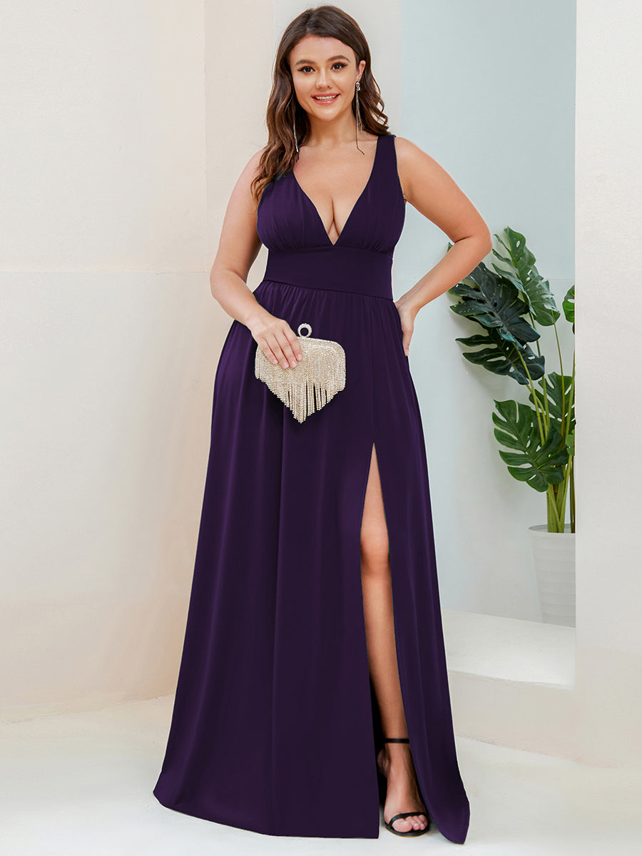 Robe de soirée longue au sol à taille empire et à encolure en V #Couleur_Violet Fonce