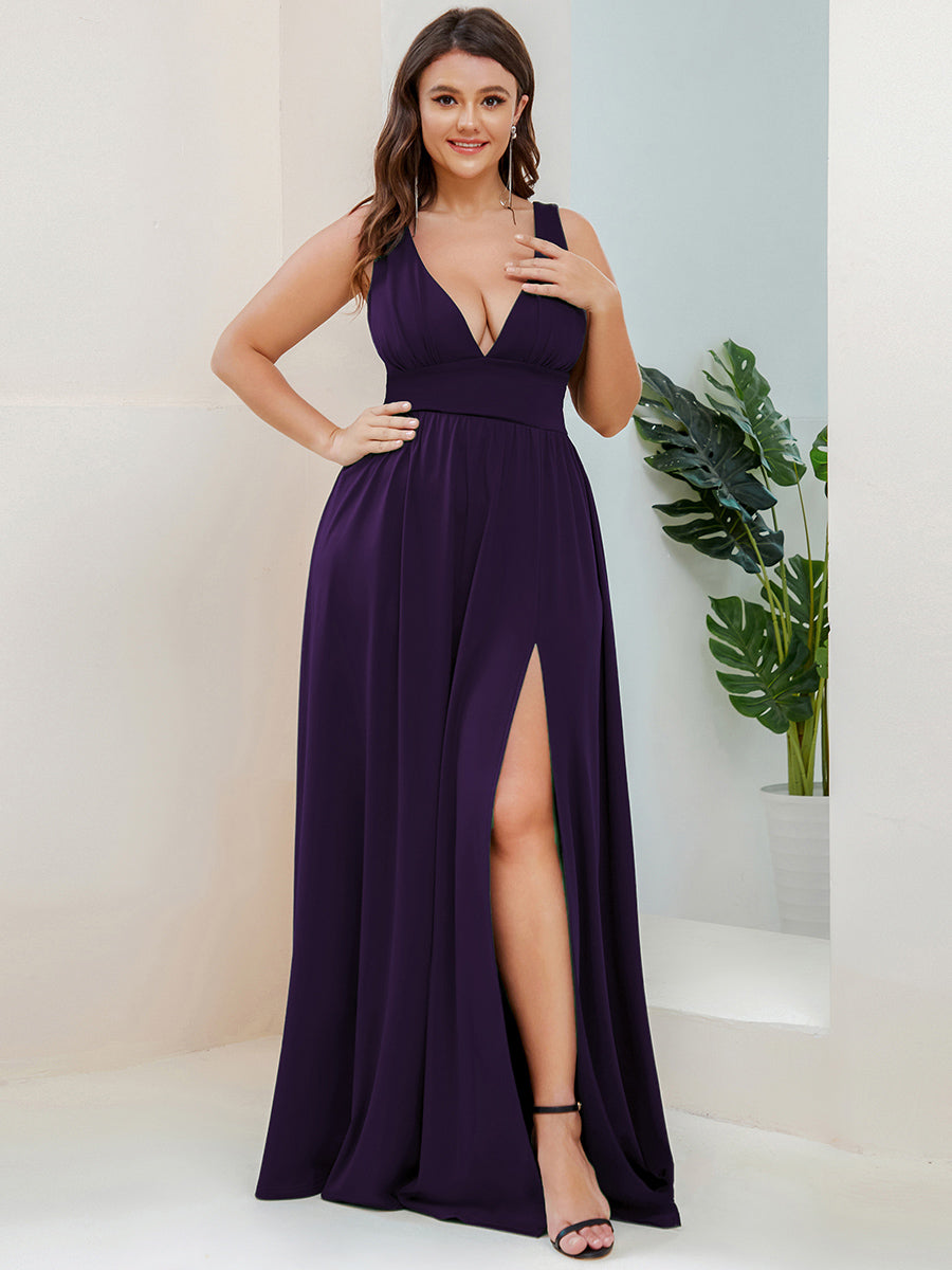 Robe de soirée longue au sol à taille empire et à encolure en V #Couleur_Violet Fonce