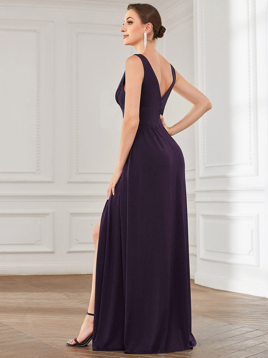 Robe de soirée longue au sol à taille empire et à encolure en V #Couleur_Violet Fonce