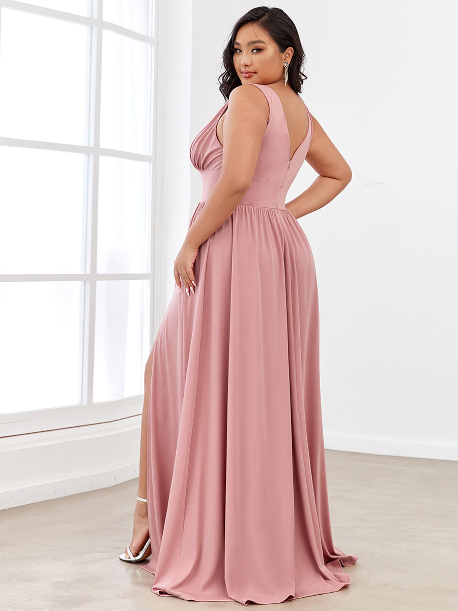 Robe de Bal Demoiselle d'Honneur longue au sol à taille empire et à encolure en V #Couleur_Rose fumee