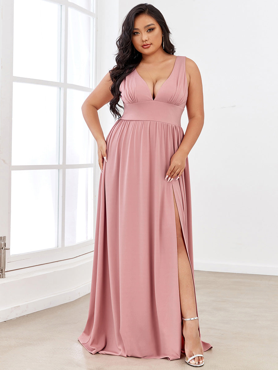 Robe de Bal Demoiselle d'Honneur longue au sol à taille empire et à encolure en V #Couleur_Rose fumee