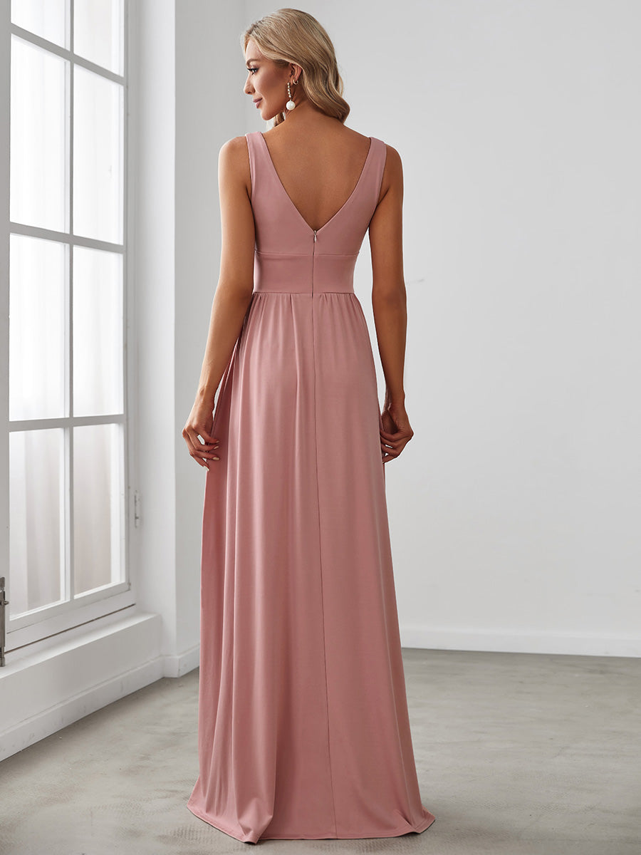 Robe de soirée longue au sol à taille empire et à encolure en V #Couleur_Rose fumee