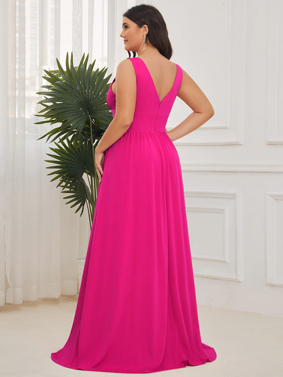 Robe de Bal Demoiselle d'Honneur longue au sol à taille empire et à encolure en V #Couleur_Rose Vif