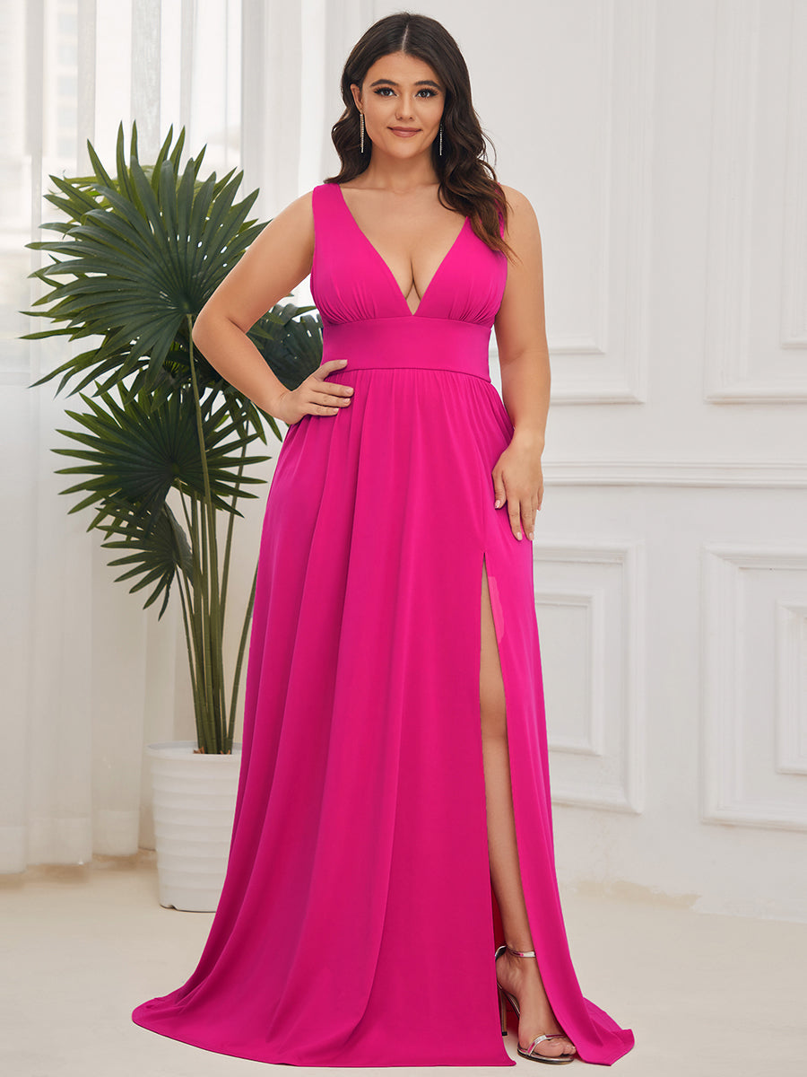 Robe de Bal Demoiselle d'Honneur longue au sol à taille empire et à encolure en V #Couleur_Rose Vif